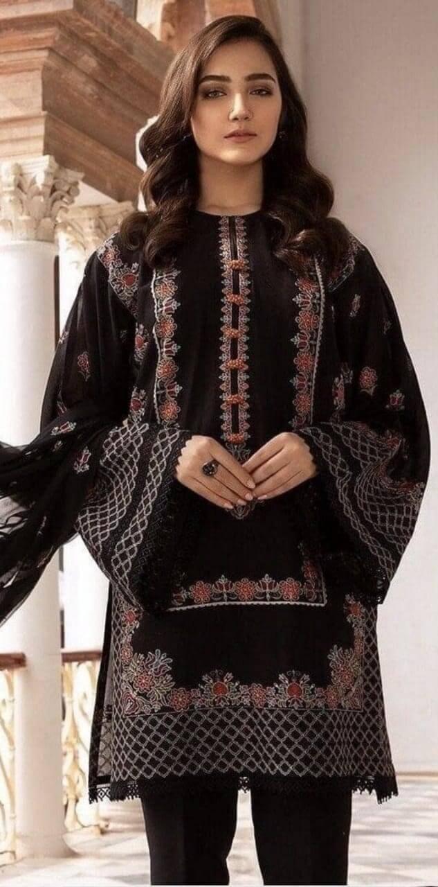 3 Piece Unstitched Heavy Embroidered Lawn Suit With Heavy Embroidered Bamber Chiffon Dupatta - Malam