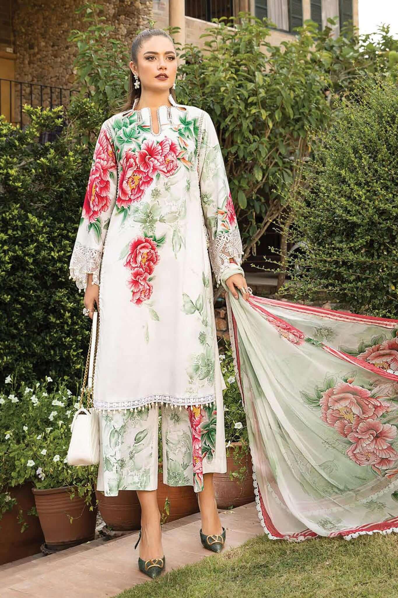 3 Piece Unstitched Embroidered Lawn Suit With Digital Printed Bamber Chiffon Dupatta - Malam