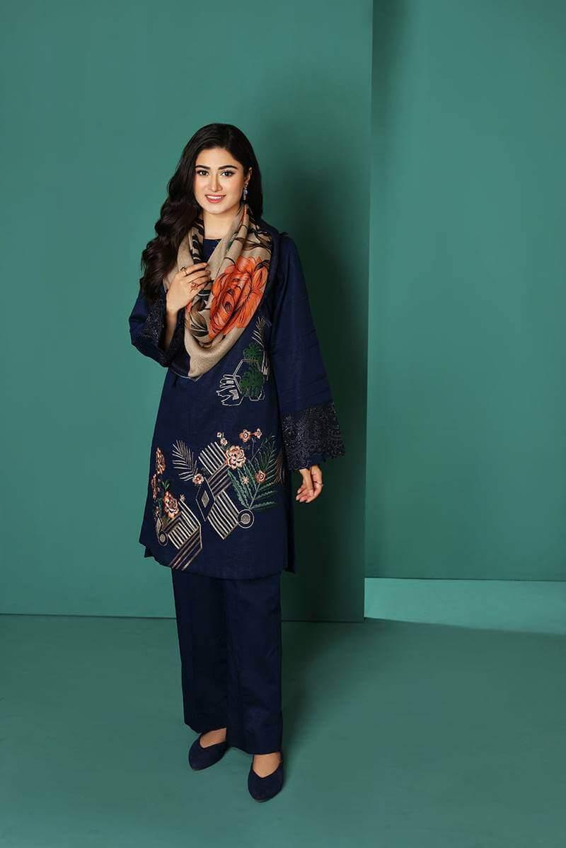 3 Piece Unstitched Heavy Embroidered Dhanak Wool Suit With Digital Printed Dhanak Wool Shawl - Malam