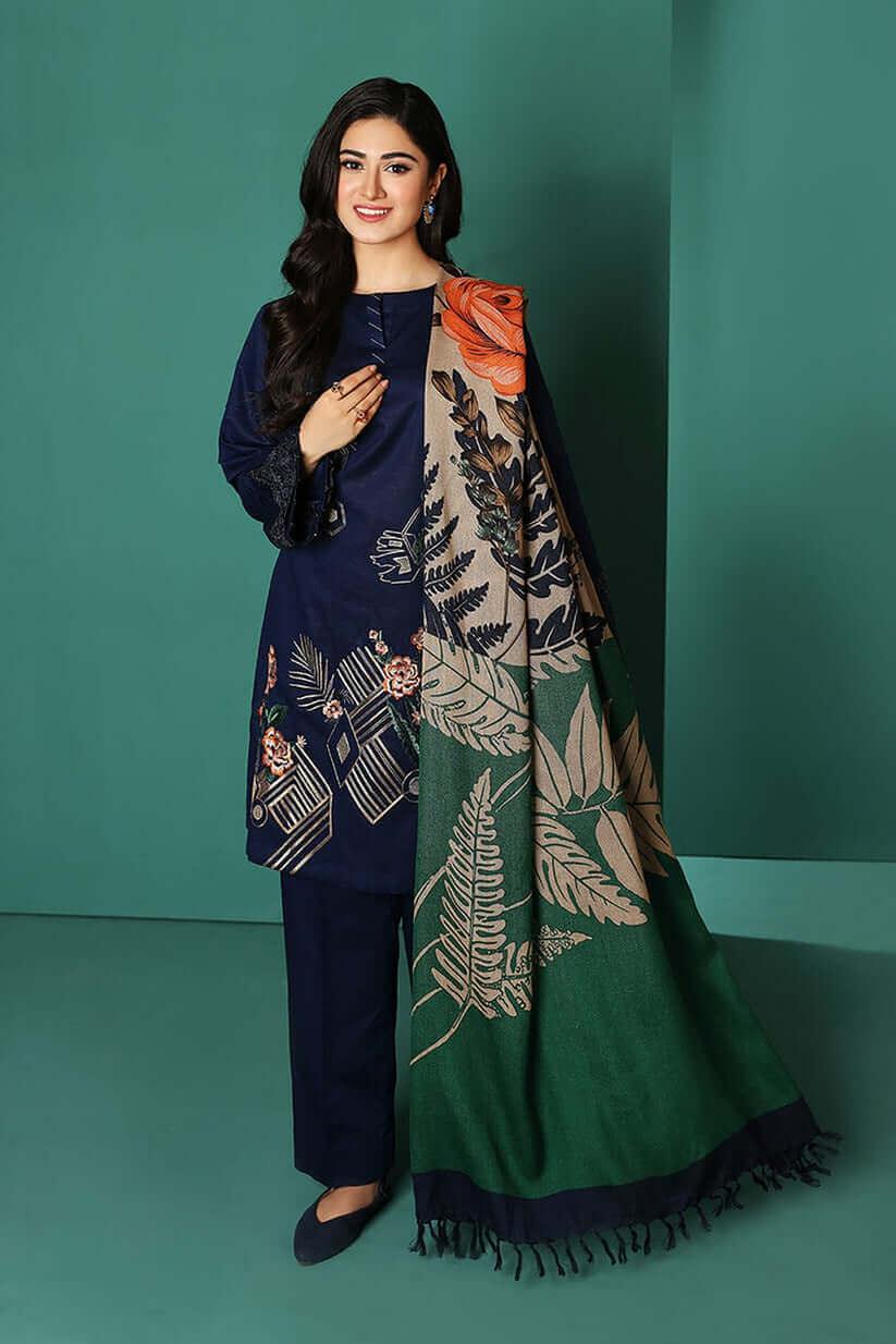 3 Piece Unstitched Heavy Embroidered Dhanak Wool Suit With Digital Printed Dhanak Wool Shawl - Malam