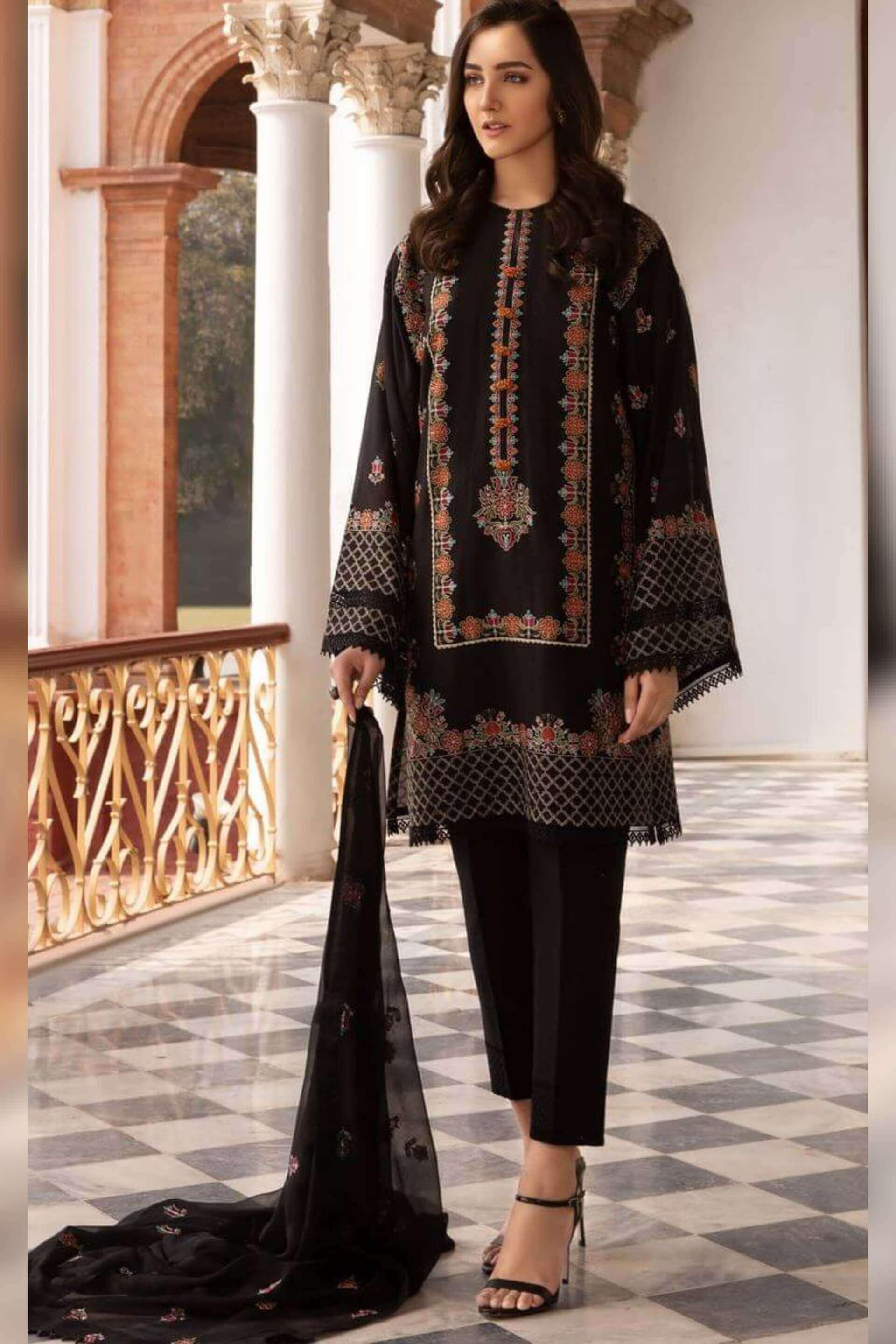 3 Piece Unstitched Heavy Embroidered Lawn Suit With Heavy Embroidered Bamber Chiffon Dupatta - Malam