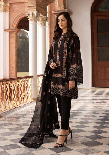 3 Piece Unstitched Heavy Embroidered Lawn Suit With Heavy Embroidered Bamber Chiffon Dupatta - Malam