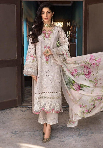 3 Piece Unstitched Heavy Embroidered Chickan Kari Lawn Suit with Printed Silk Dupatta - Malam