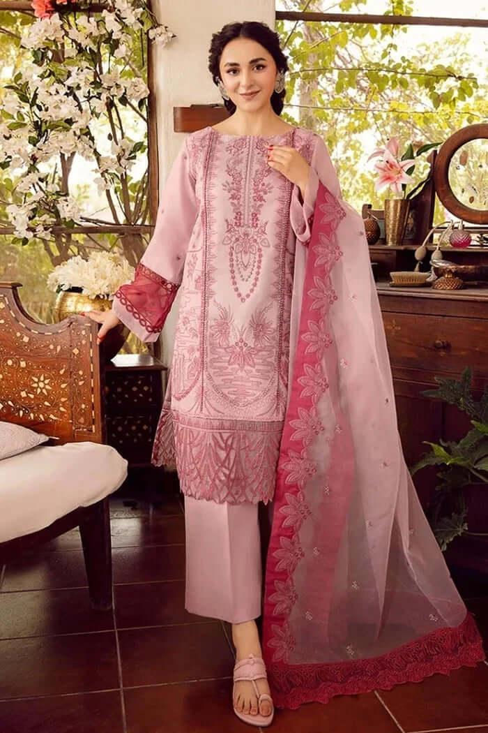 3 Piece Unstitched Heavy Embroidered Lawn Suit with Heavy Embroidered Organza Dupatta - Malam