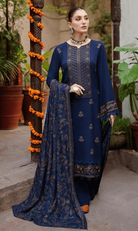 3 Piece Unstitched Heavy Embroidered Dhanak Wool Suit With Heavy Embroidered Dhanak Wool Shawl - Malam