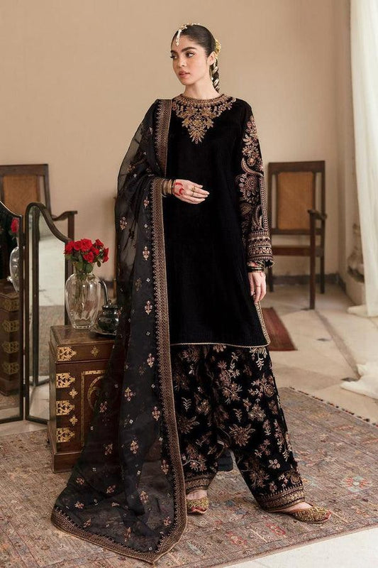 3 Piece Unstitched Heavy Embroidered Velvet Suit With Four Sided Embroidered Organza Dupatta - Malam