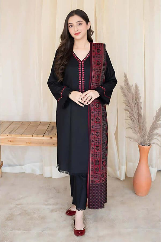 3 Piece Unstitched Embroidered Dhanak Wool Suit With Printed Woolen Shawl - Malam